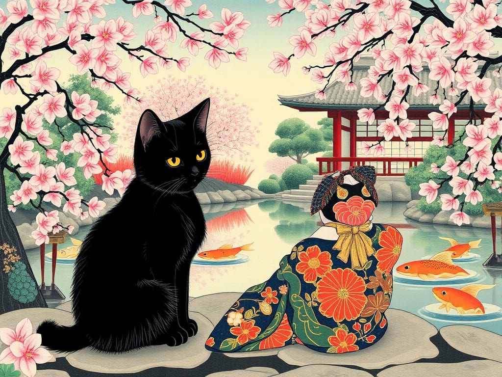 Traditional Japanese Garden Scene with Exquisite Kitten in U...