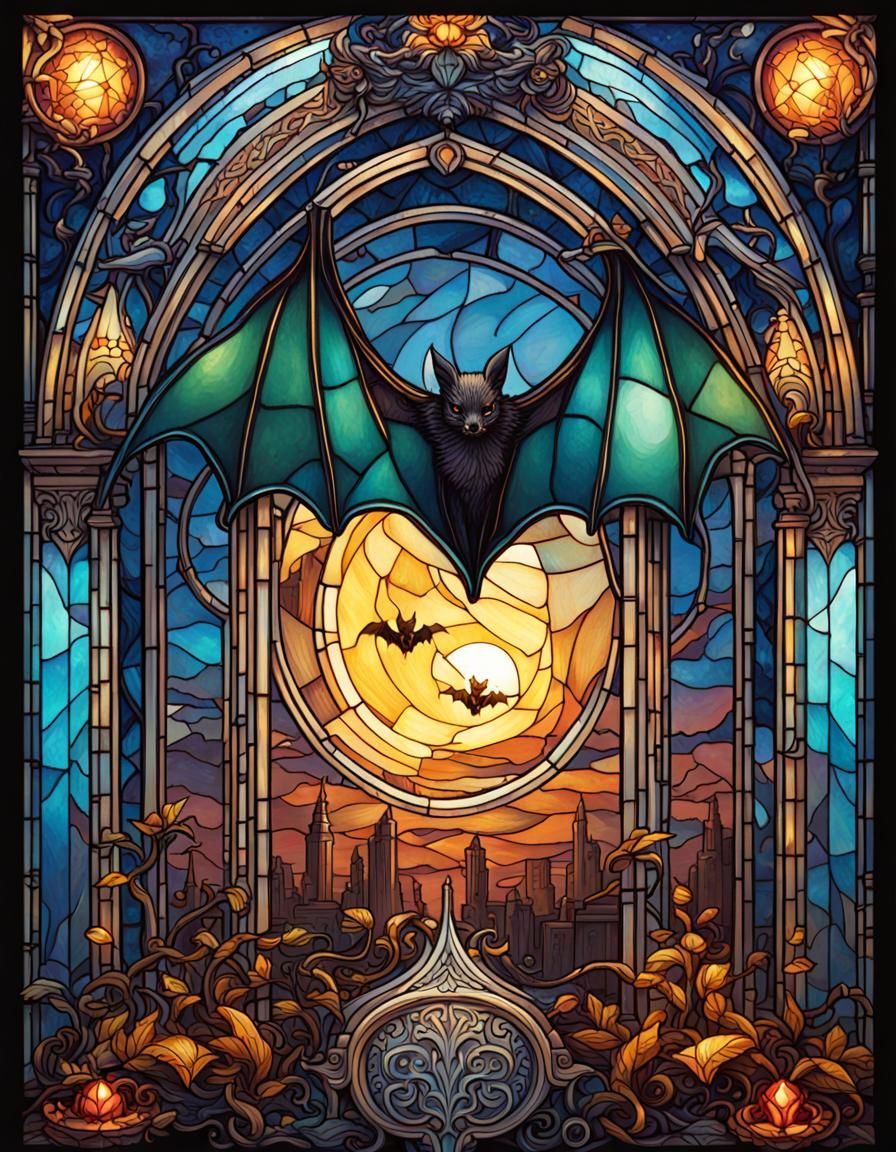 Stained Glass Bat Tarot Card in Hyperdetailed Style