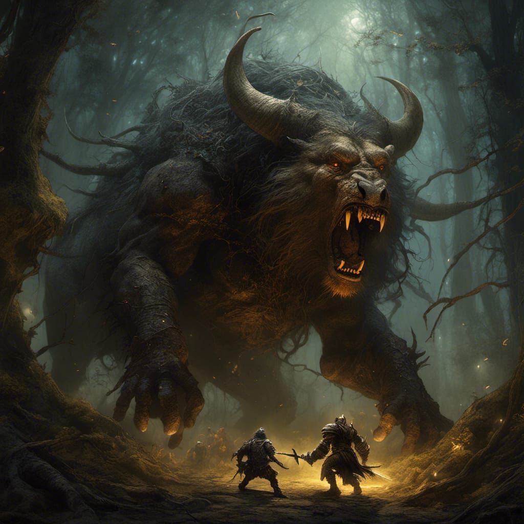 Knight Battles Massive Beast in Dark Fantasy Art