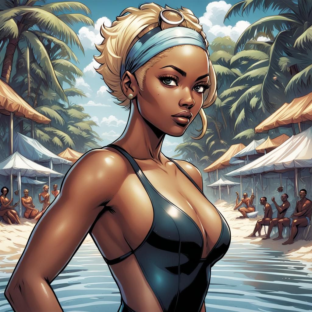 Black Girl in Swimsuit as Comic Book Art