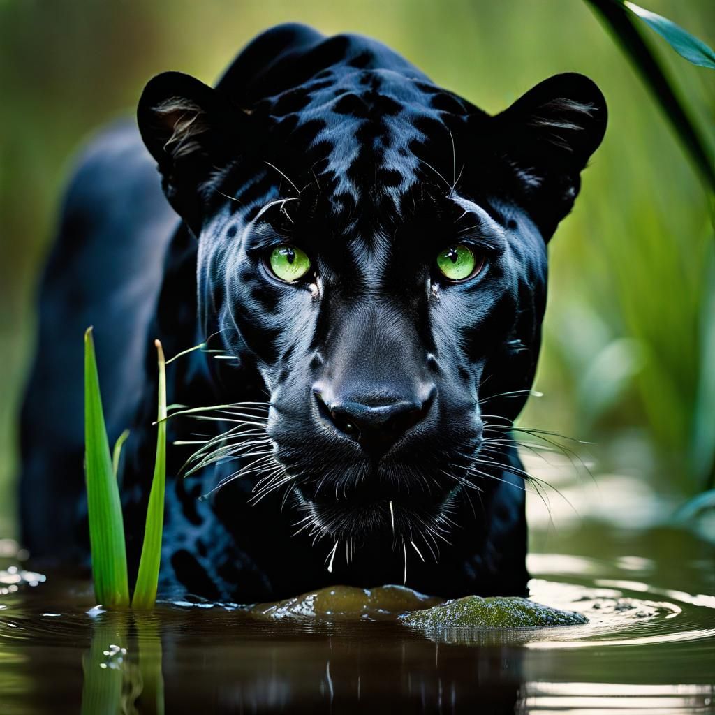Black Jaguar Portrait with Green Eyes in Swamp