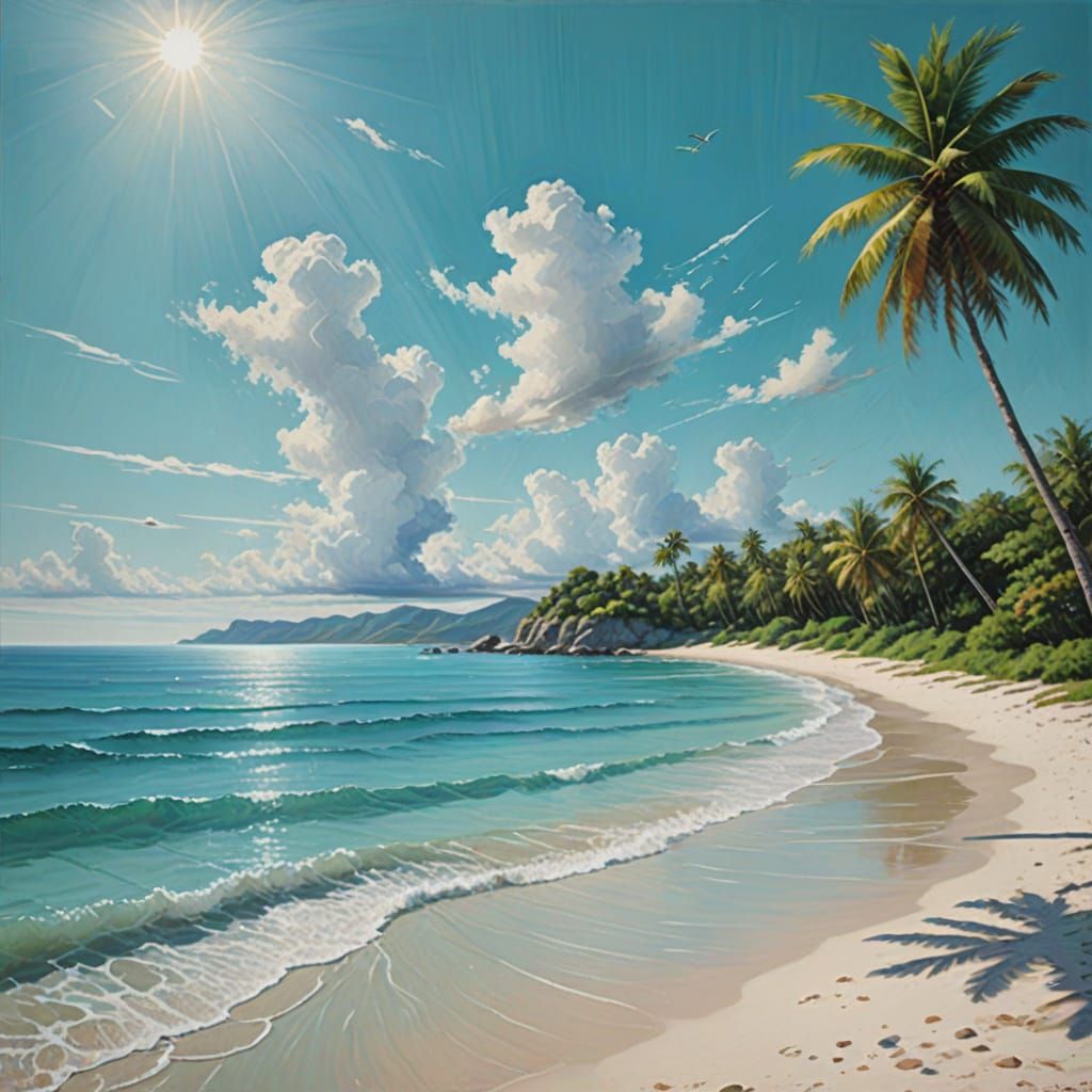 Tropical Island Beach Scene in Cubistic Oil Style