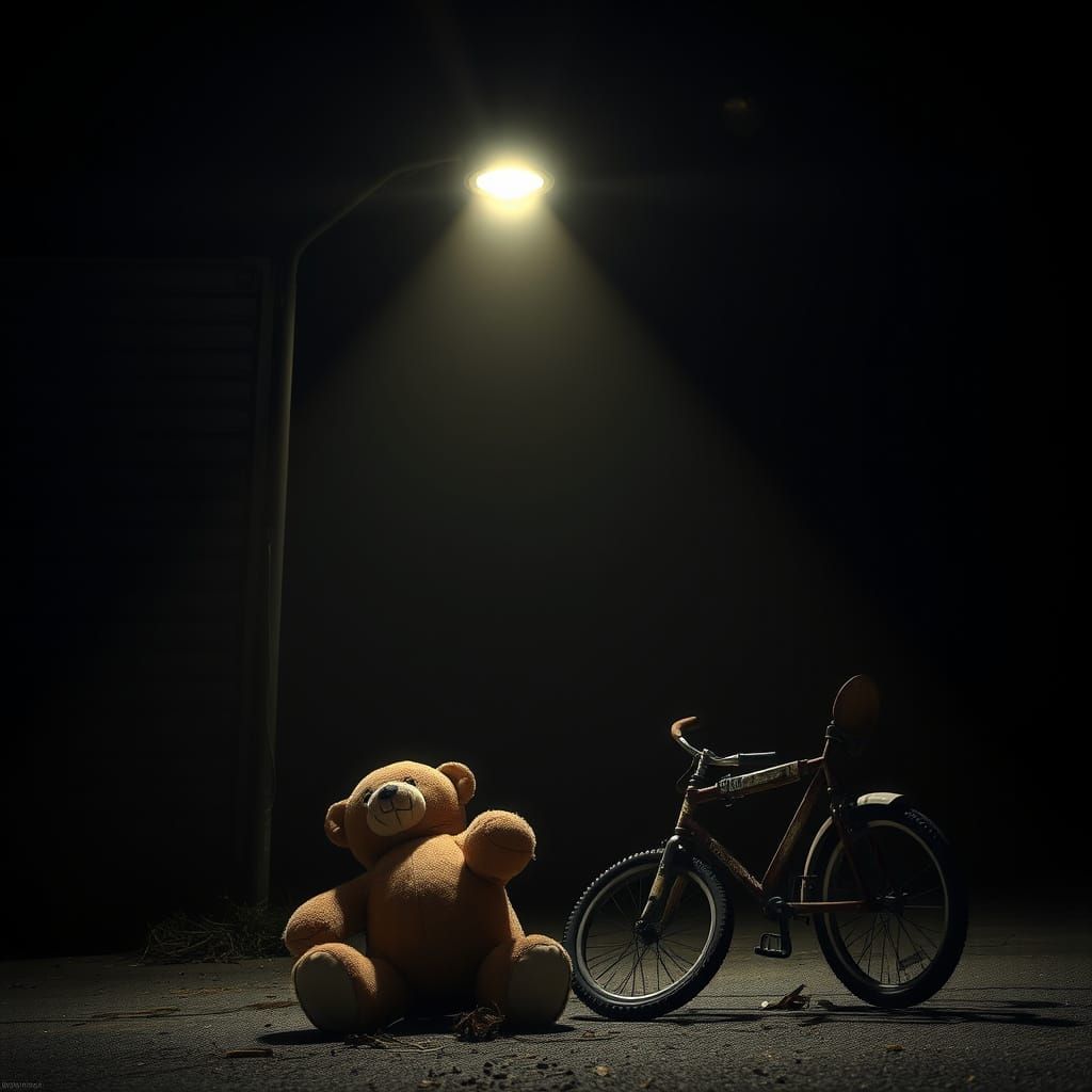 Streetlight Reveals Abandoned Toys in Deep Darkness