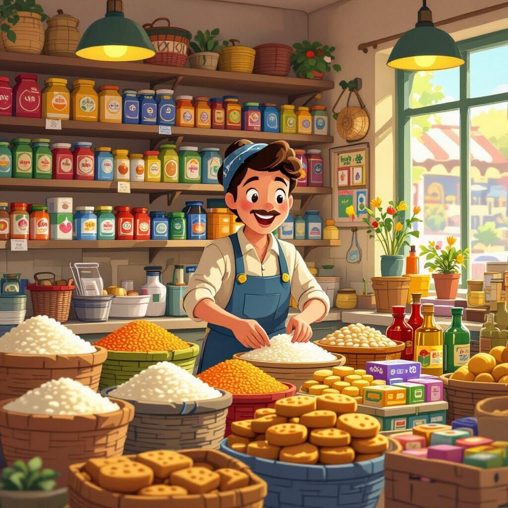 Cartoon Grocery Store Interior with Shopkeeper Arranging Goo...