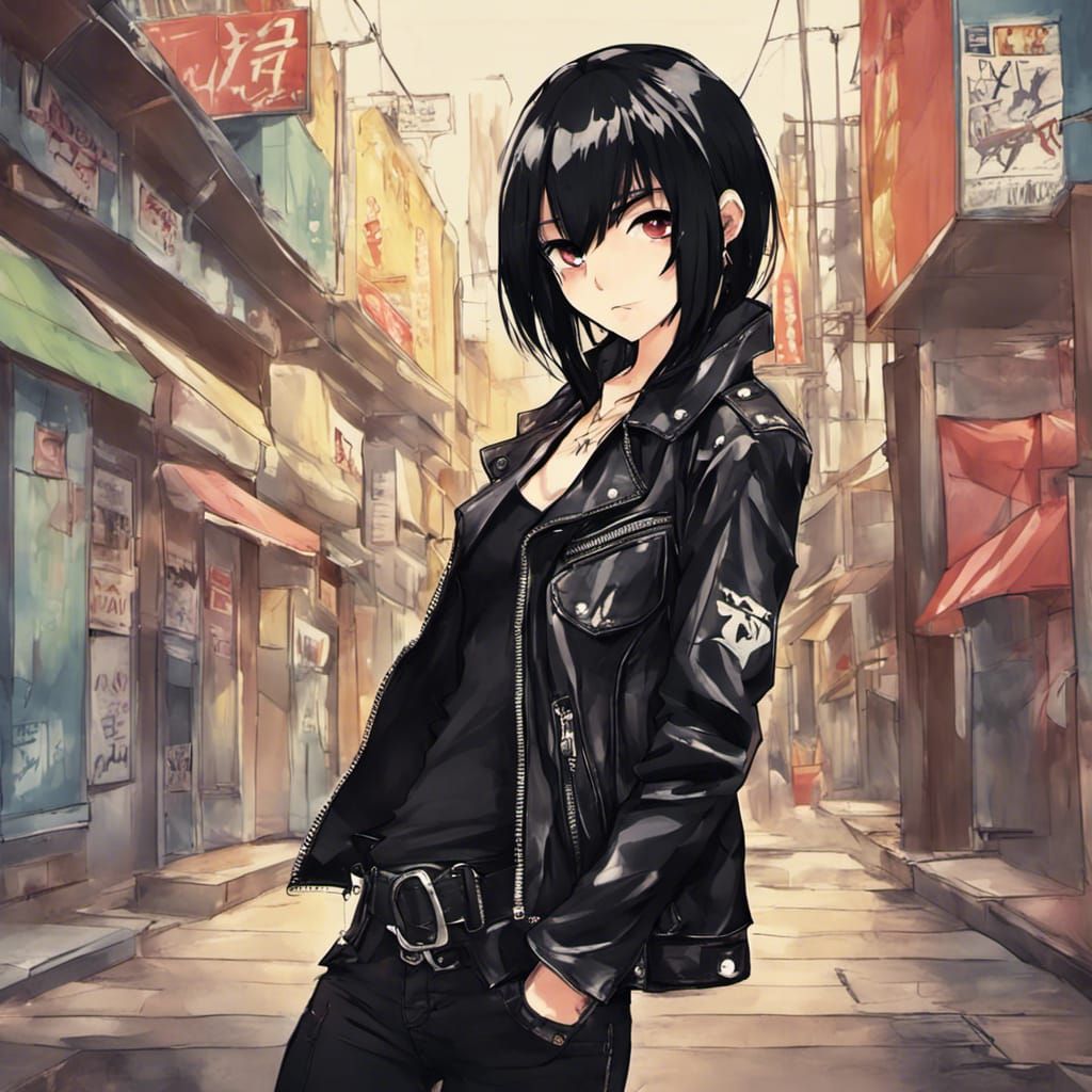 Punk Girl in Anime Style with Leather Jacket