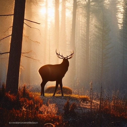 Elk in Winter Forest with Morning Mist