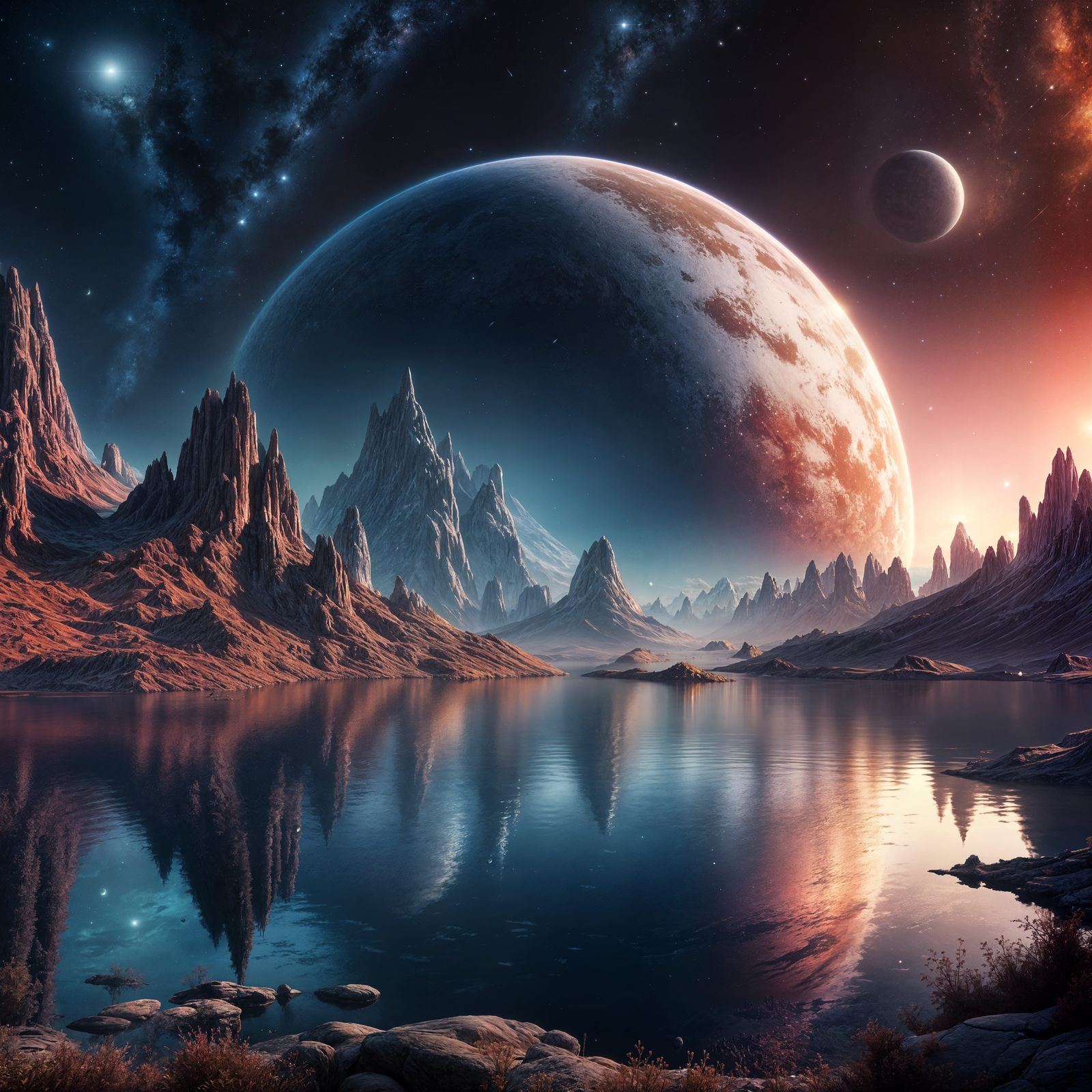 Sci-Fi Landscape with Lake and Galaxy