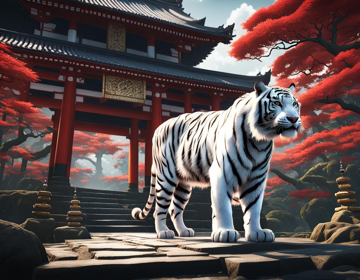 White Tiger Walking in Japanese Shrine