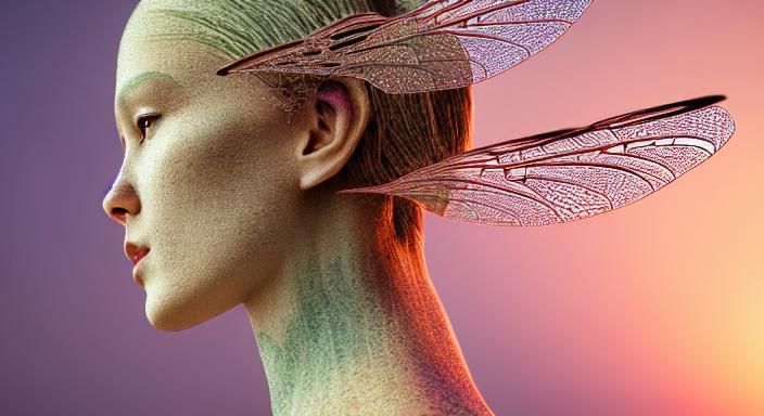 Hybrid Dragonfly Woman in Sacred Geometric Network