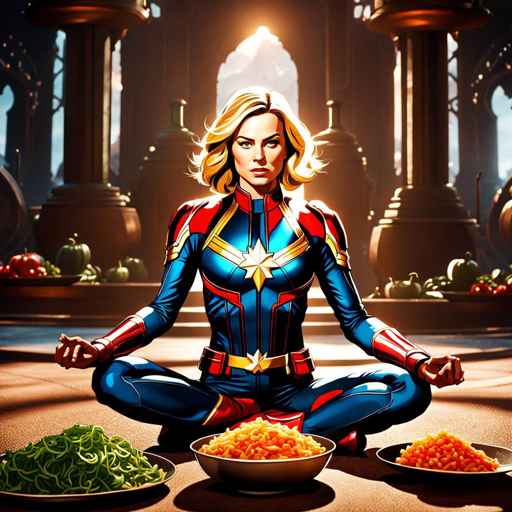 Captain Marvel Enjoying Salad: Detailed Matte Painting