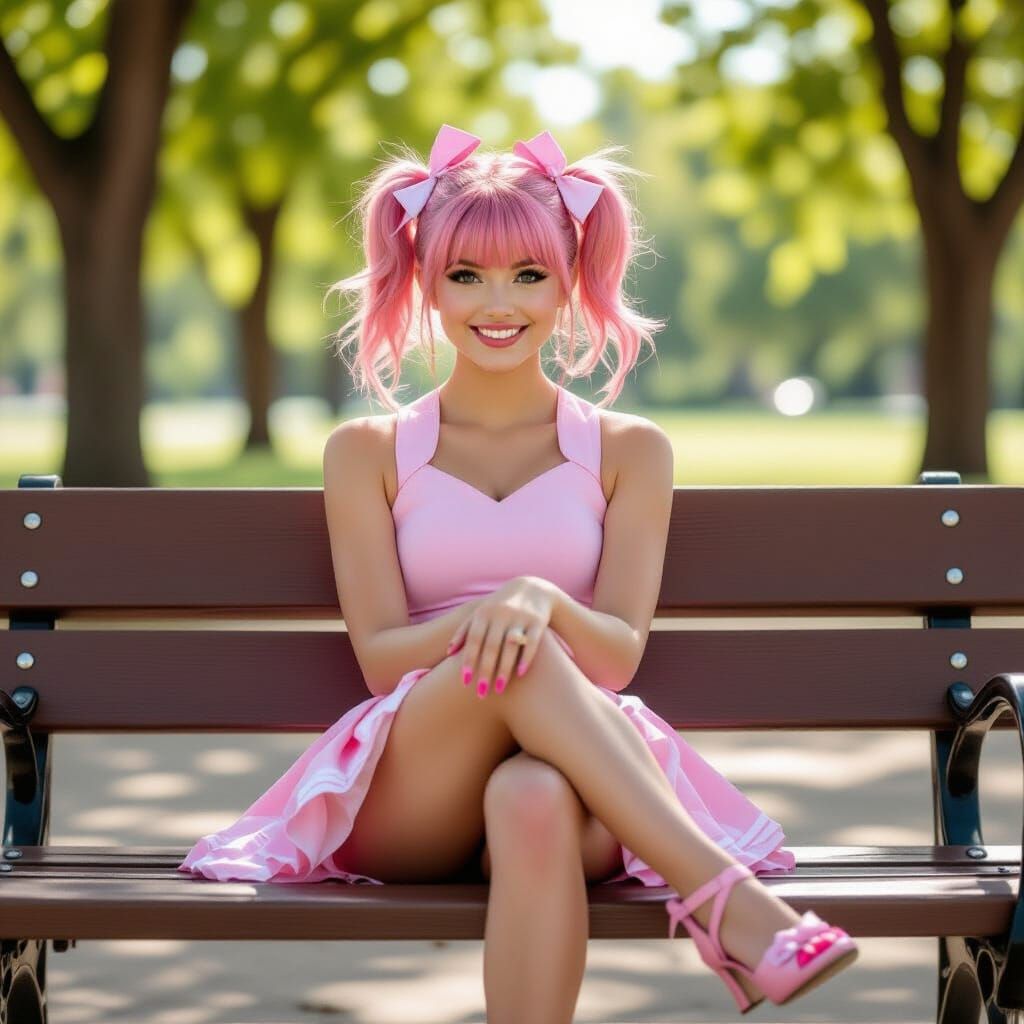 Pink Haired Cheerleader on Park Bench, Feet Focus