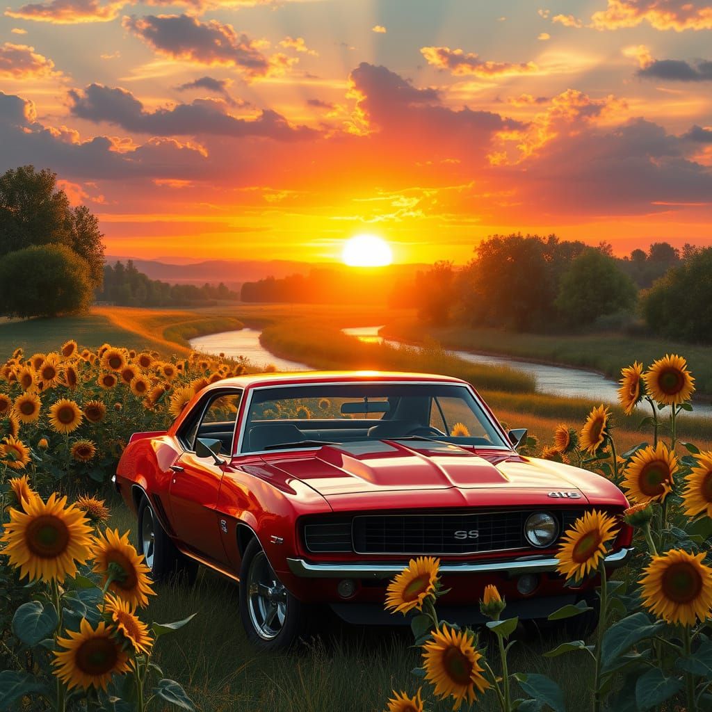 Surreal Sunset Countryside Scene with Cherry Red Camaro and ...