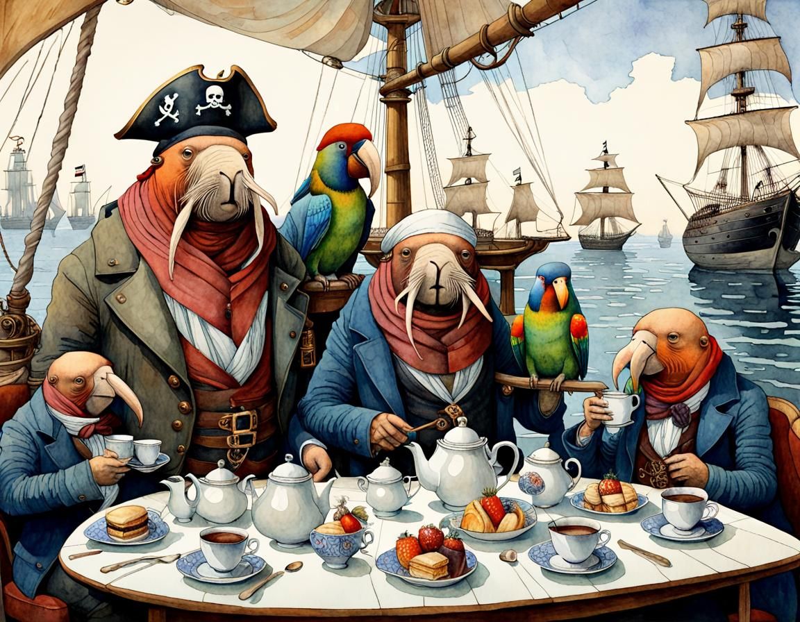 Walrus Pirates Surreal Tea Party: Neo-Impressionist Painting