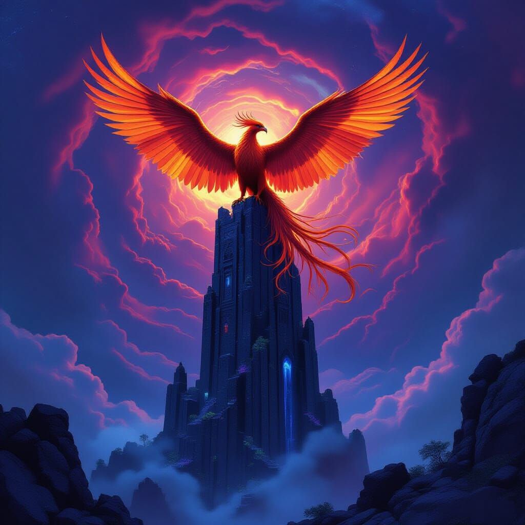 Majestic Phoenix on Obsidian Tower Amidst Nebula