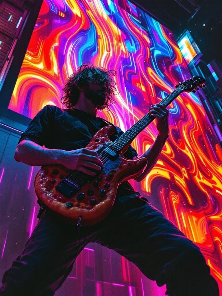 Pizza Guitar Player in 1980s Synthwave Pop Art