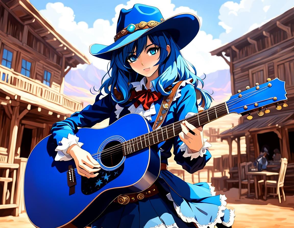 Anime Cowgirl Plays Guitar in Western Style