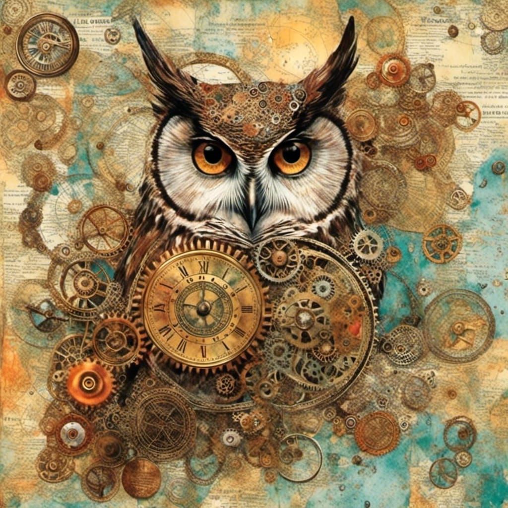 Steampunk Owl Collage with Metal Flowers