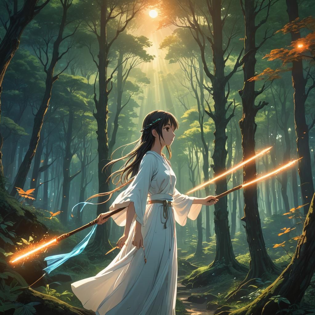 Anime Fantasy Girl in Mystical Forest at Sunset
