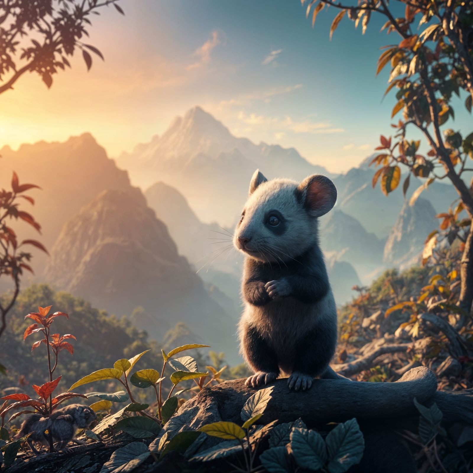 Surreal Half-Mouse Half-Panda in Vibrant Dreamlike Landscape
