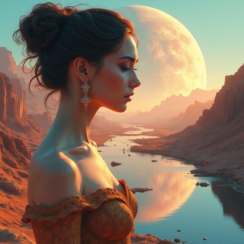 Elegant Woman on Alien Planet, Matte Painting Style