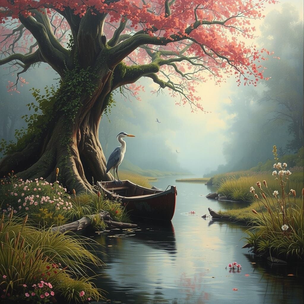 Ancient Tree and Weathered Boat in Mystical Fog