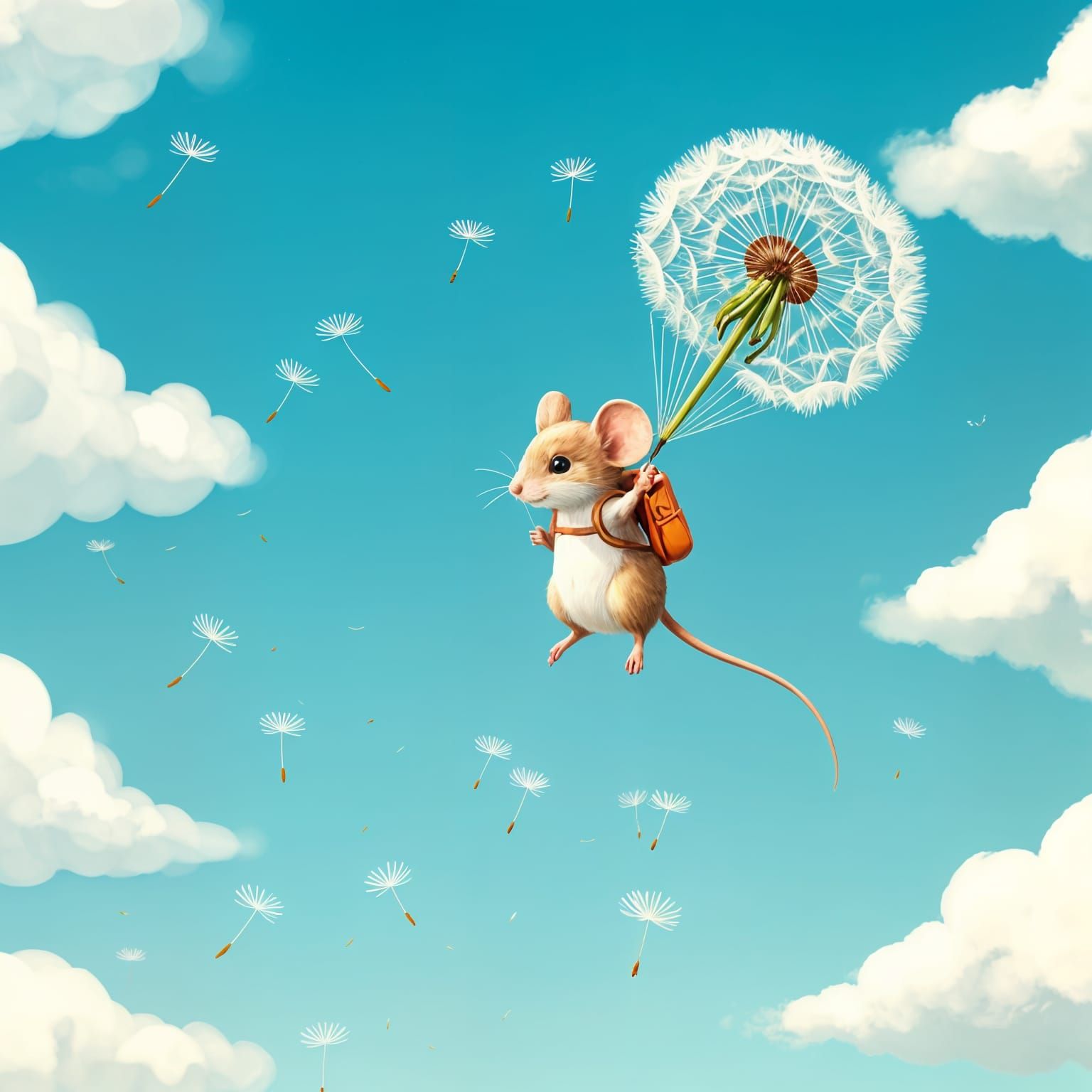 Mouse in Mid-Air using White Dandelion Parachute