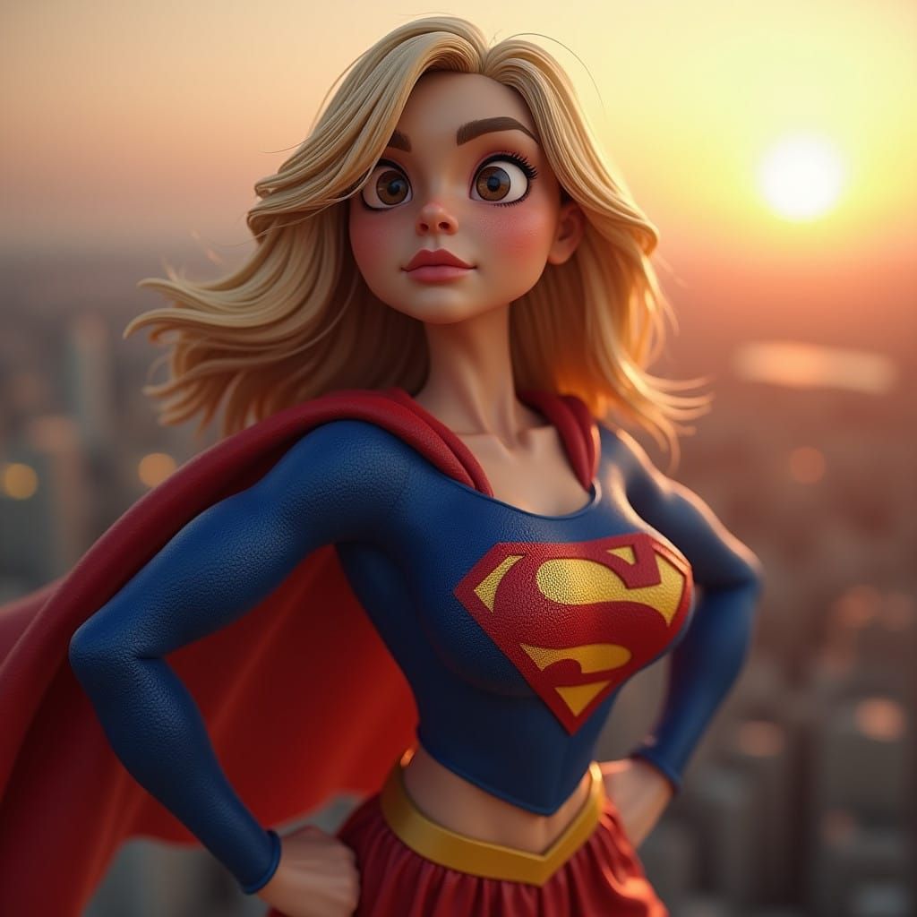 Surreal Supergirl Icon in Cyberpunk Sunset Cityscape