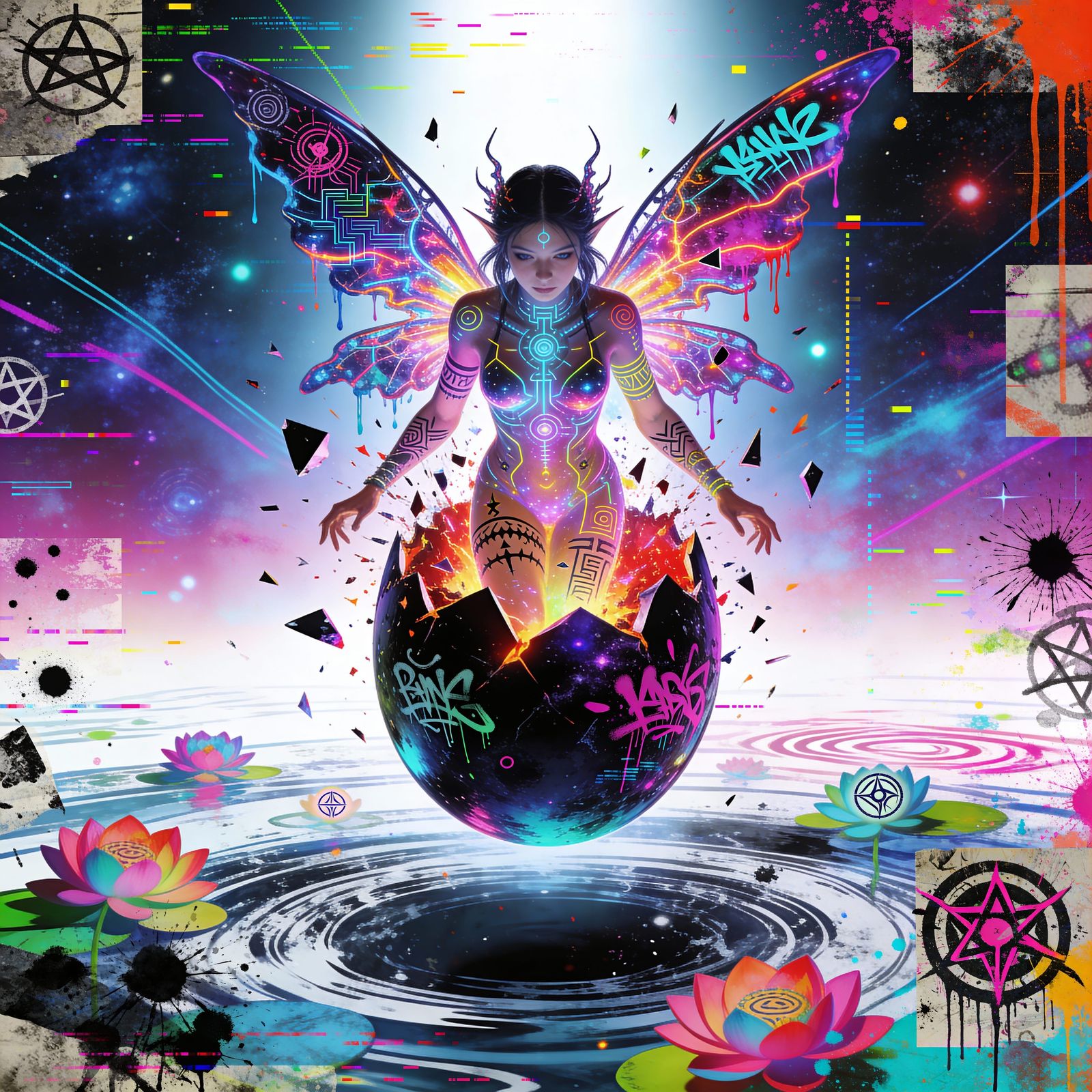 Punk Faerie Erupts from Cosmic Egg in Neo-Expressionist Styl...