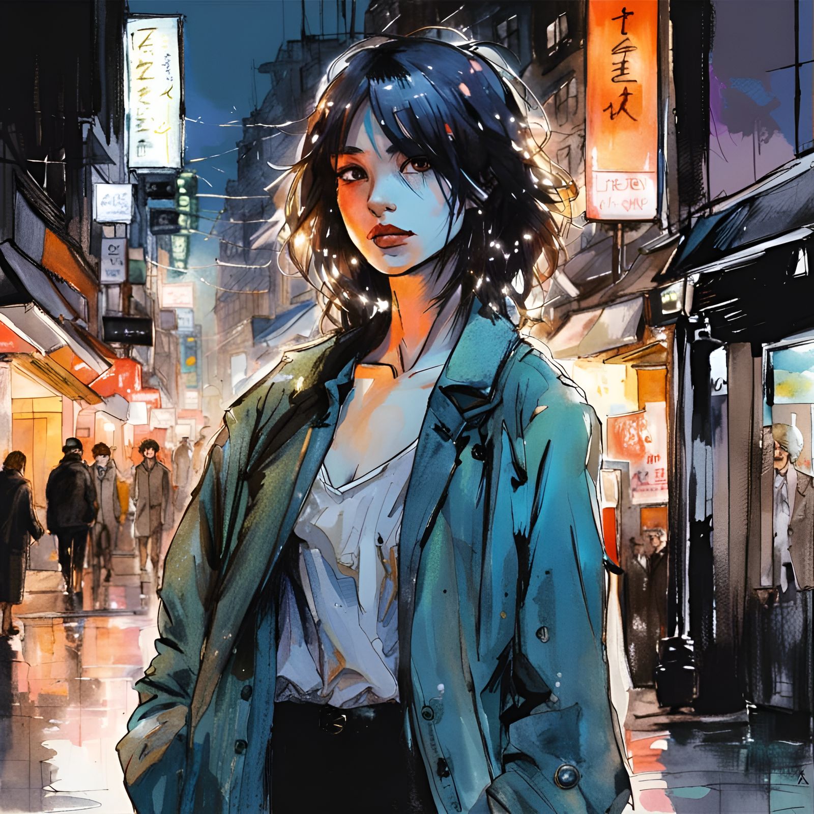 Anime Girl in London: Neon Watercolor Portrait