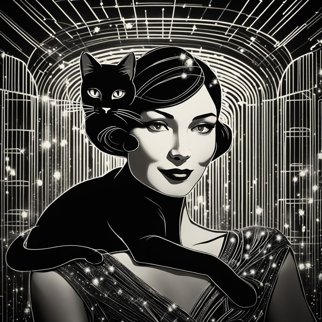 Art Deco Woman with Cat in Silver Light
