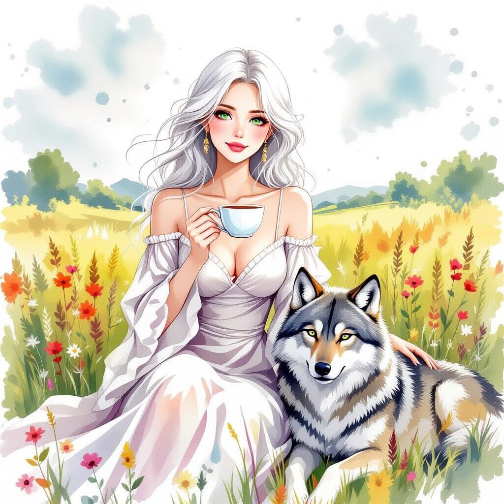 Woman and Wolf Enjoying Tea in Watercolor Style