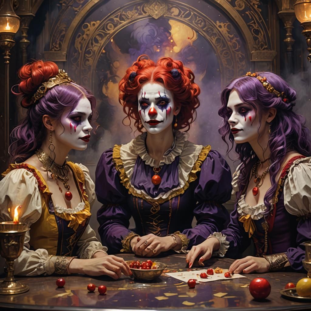 Dark Fantasy Clown Girls in Ornate Setting