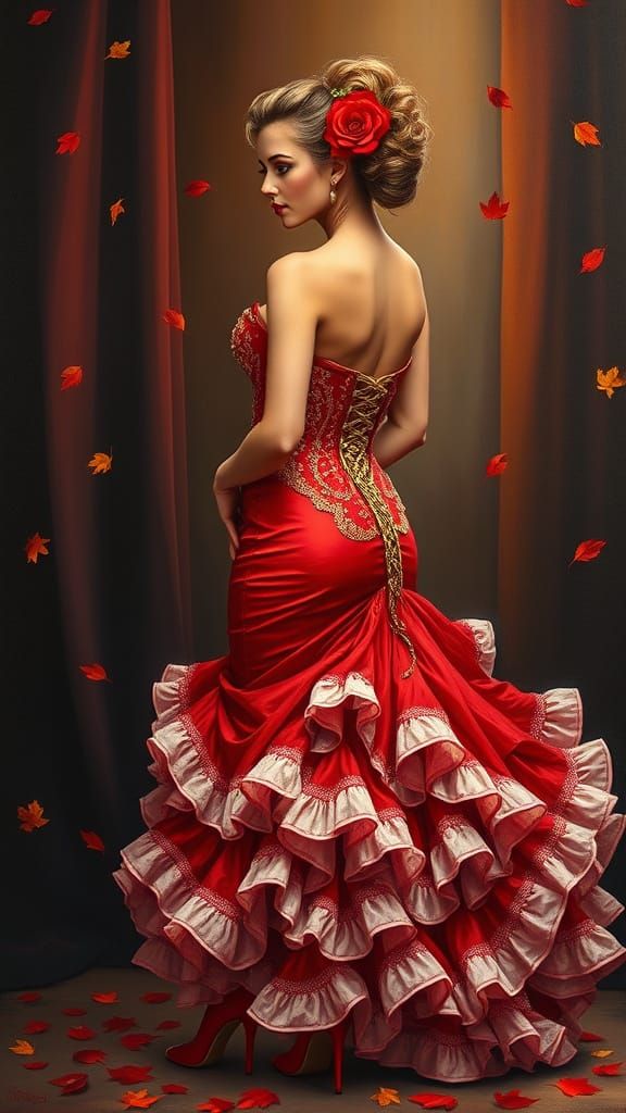 Flamenco Goddess in Elegant Red Gown
