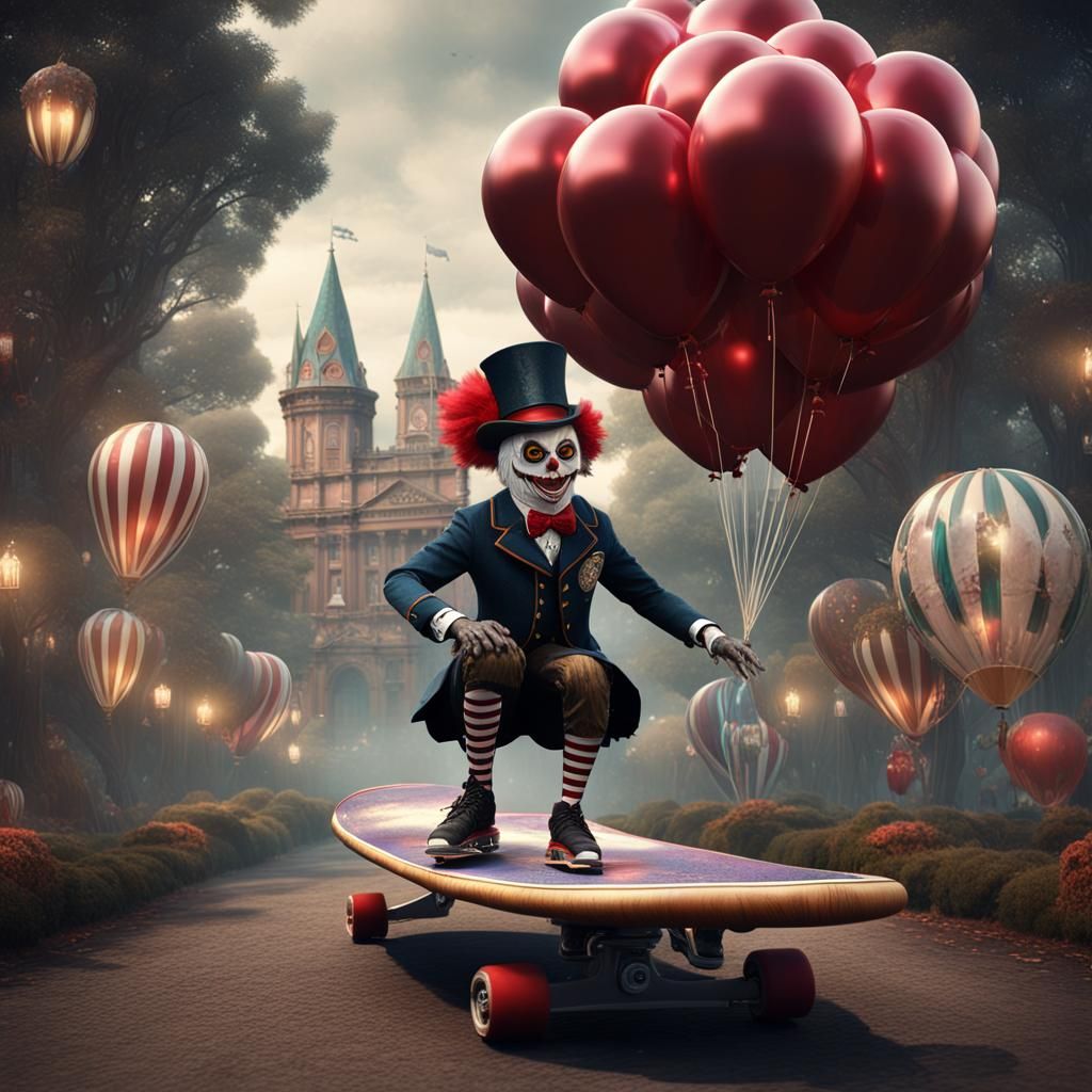 Steampunk Clown Bride Skateboarding in Redwood Forest