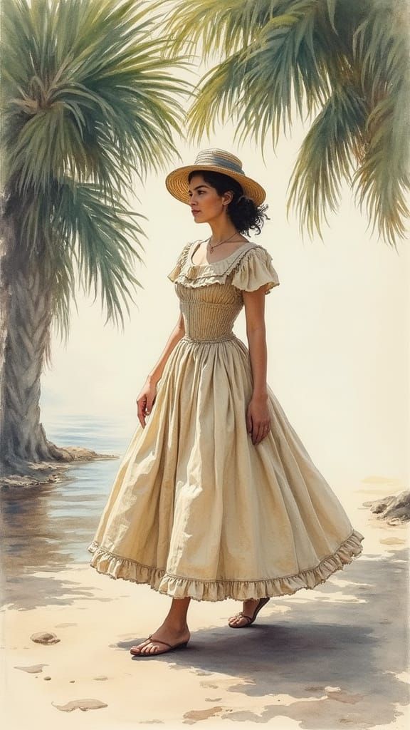 Creole Woman Walks Under Palm Trees in Watercolor