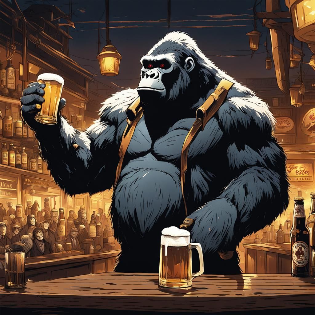 King Kong Waiter Serving Beer in Anime Style