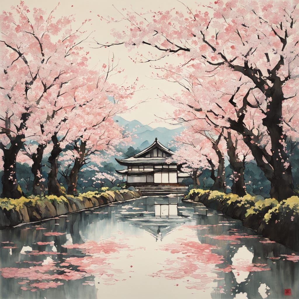 Yamato-e Painting of Cherry Blossoms with Japanese Minimalis...