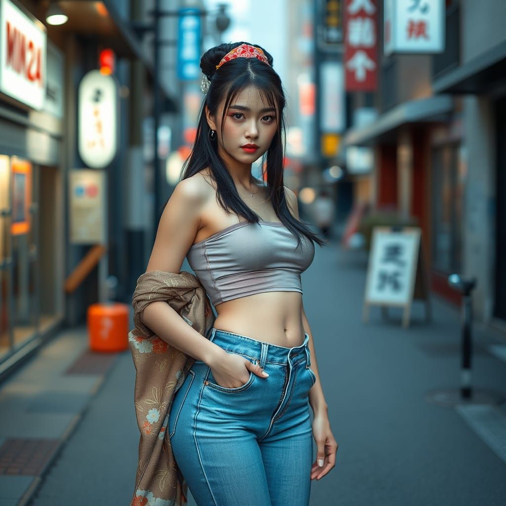 Geisha in Jeans: Hyperrealistic Tokyo Street Scene