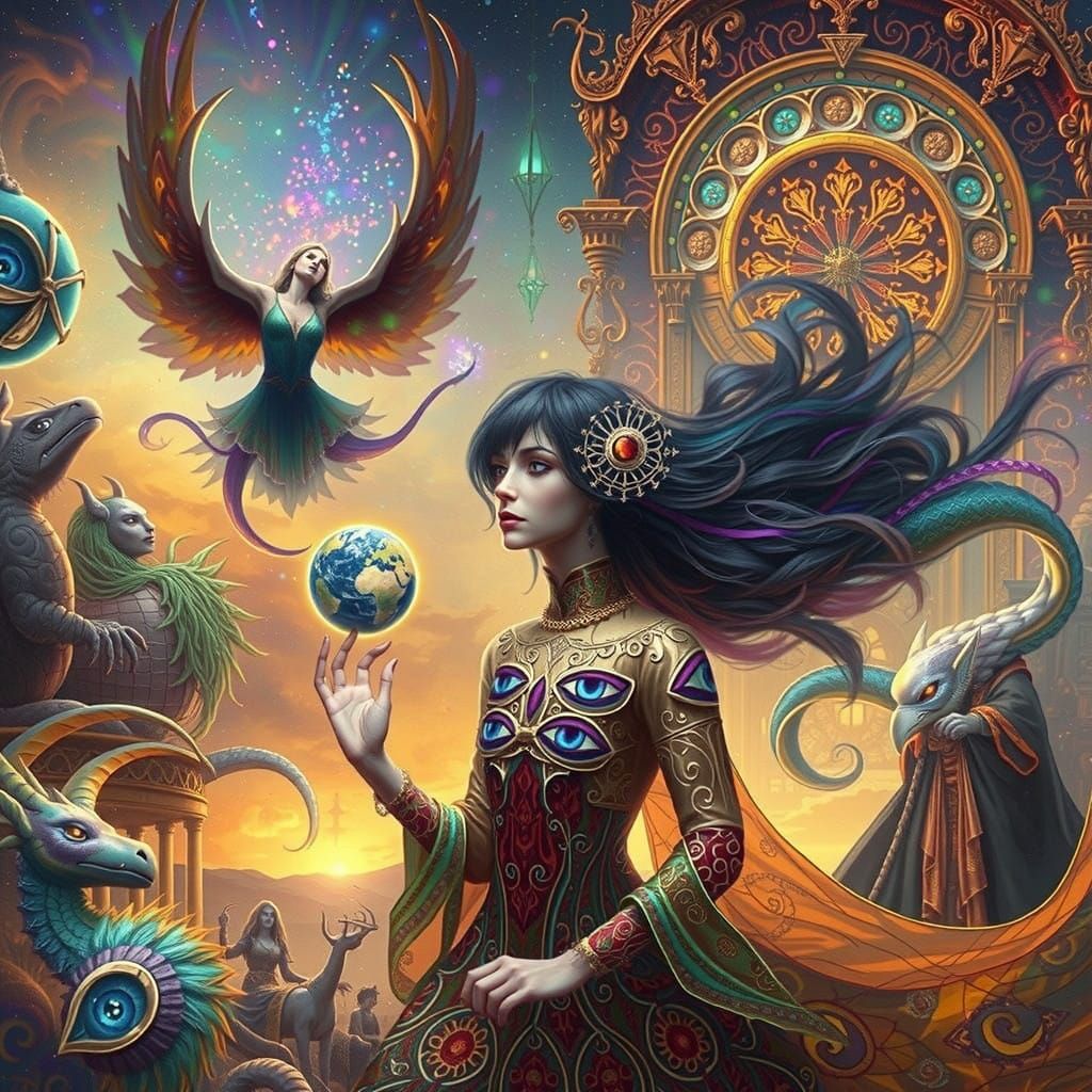 Sorceress in Baroque Dollhouse, Ethereal Aura, and Sunset