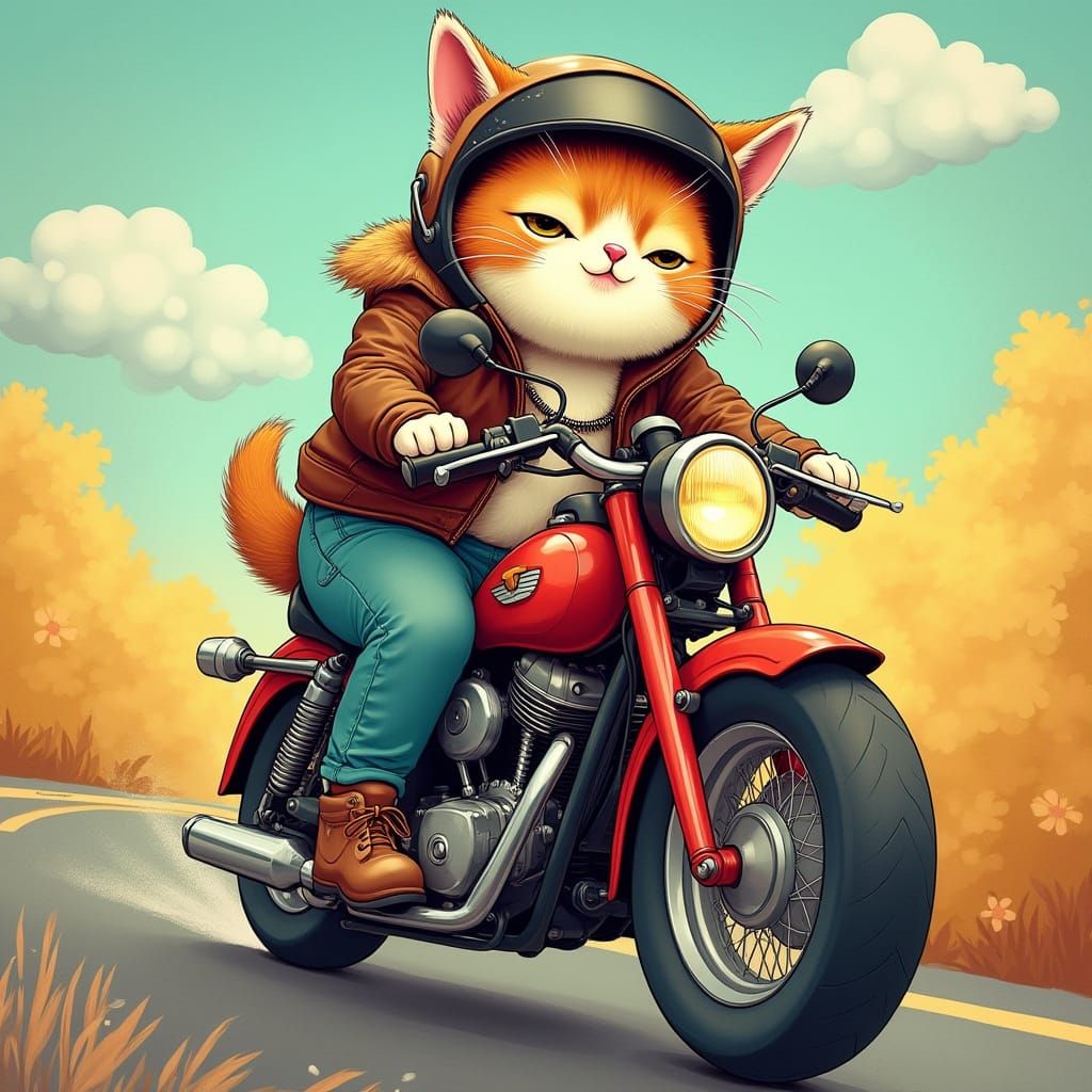 Cat on Motorcycle in Surrealist Style