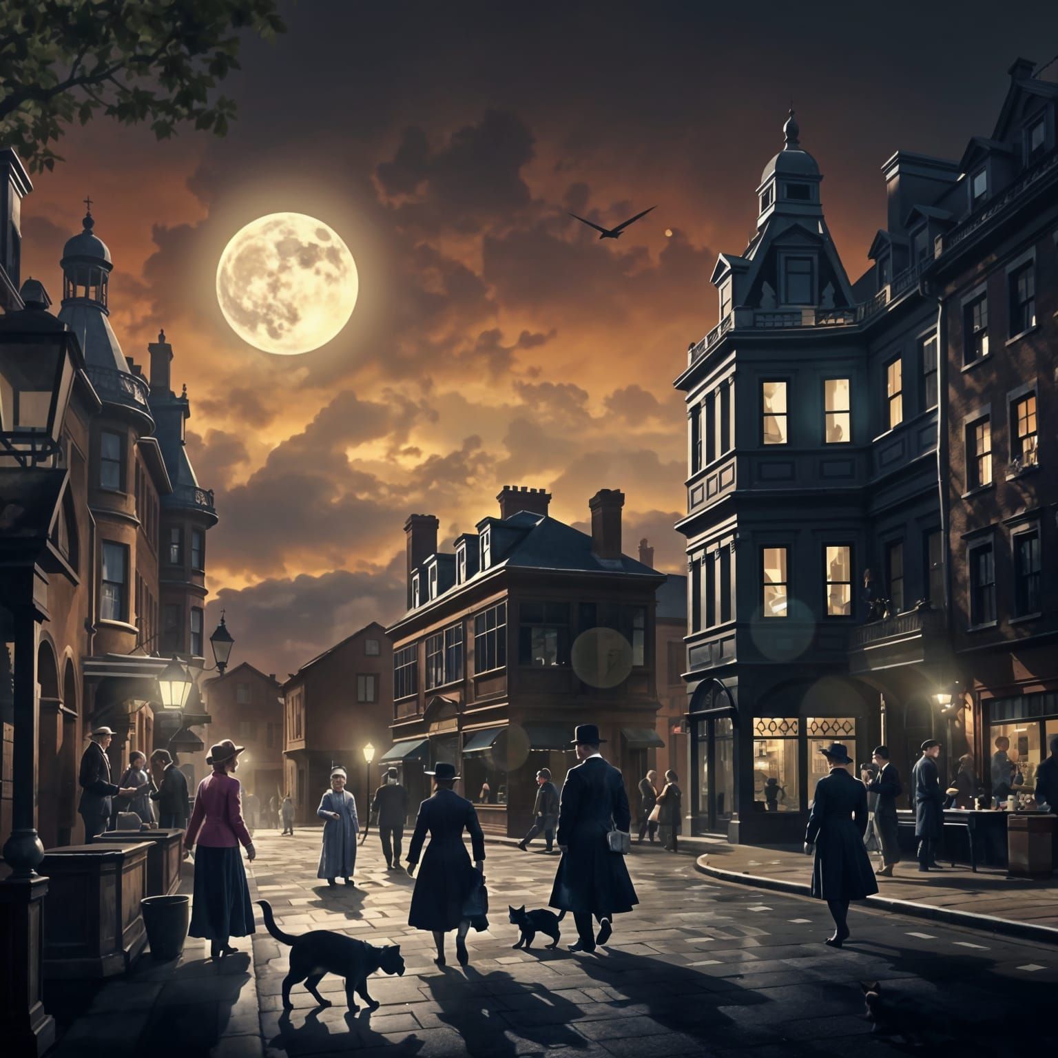 Night Street Scene with Moonlight and Shadows