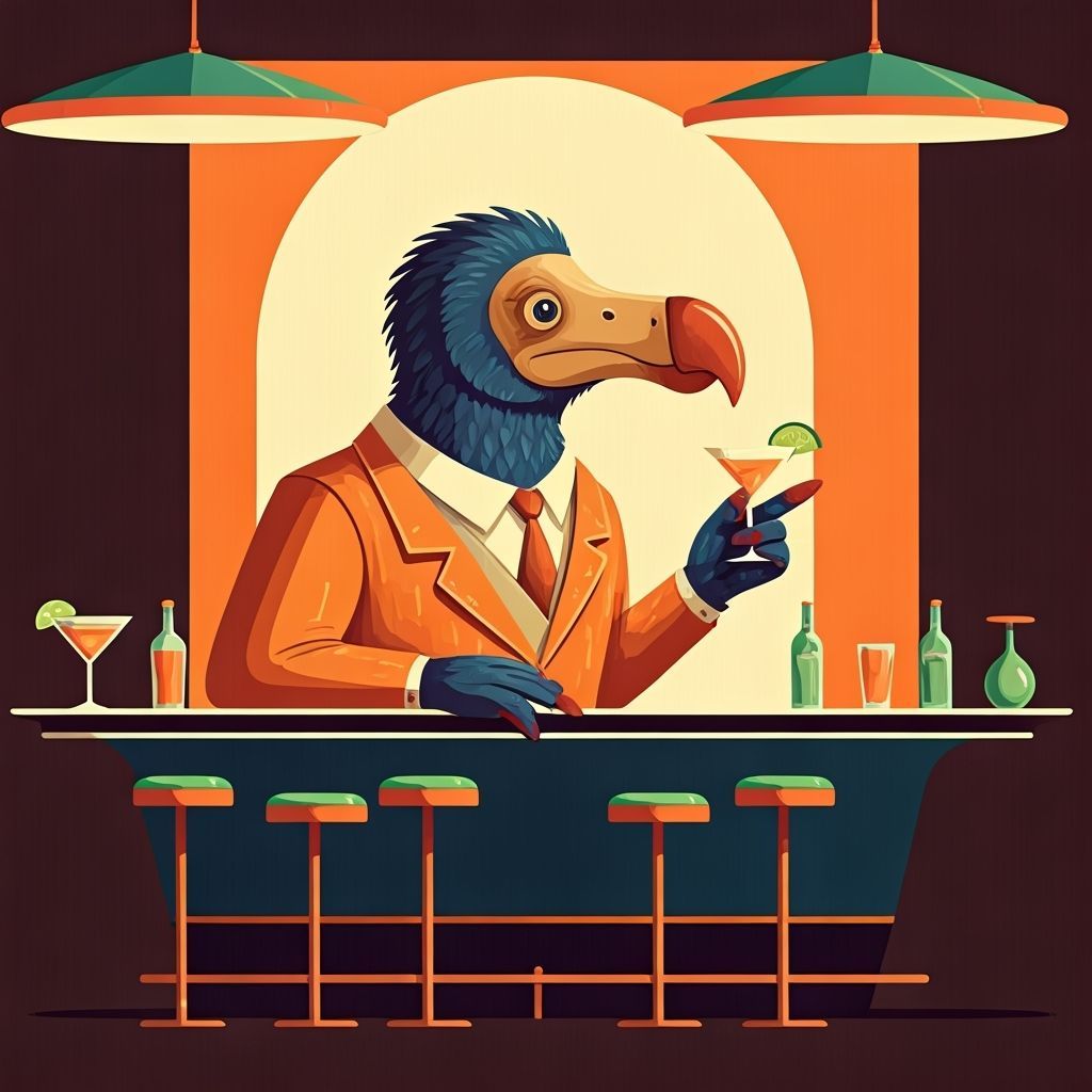 Dodo Bird in Retro Suit Sipping Cocktail at Atomic Bar