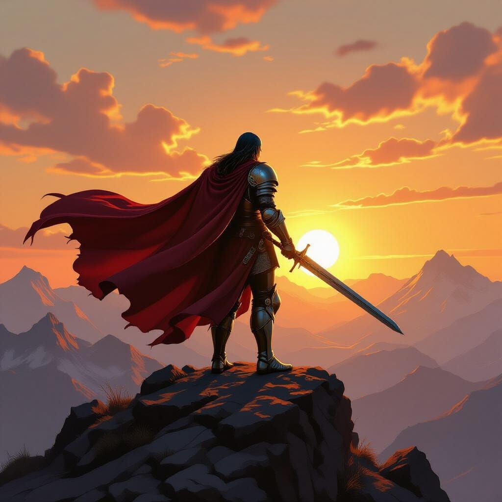 Heroic Knight on Mountain Top at Dawn