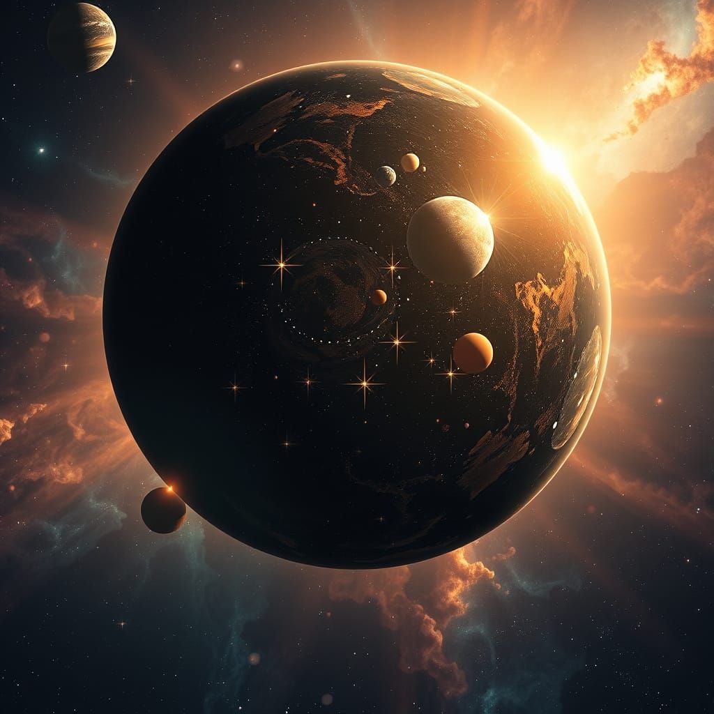 A giant sphere travelling through space containing its own bright stars and planets. Outside the sphere is a cosmic nebu...