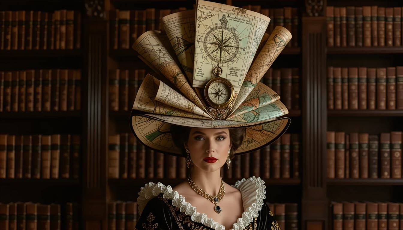 Regal Queen with Vintage Map Hat in Antique Library