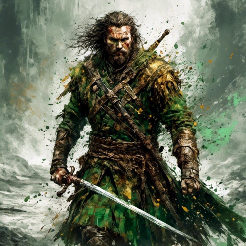 Highland Warrior Portrait with Claymore in Digital Art Style