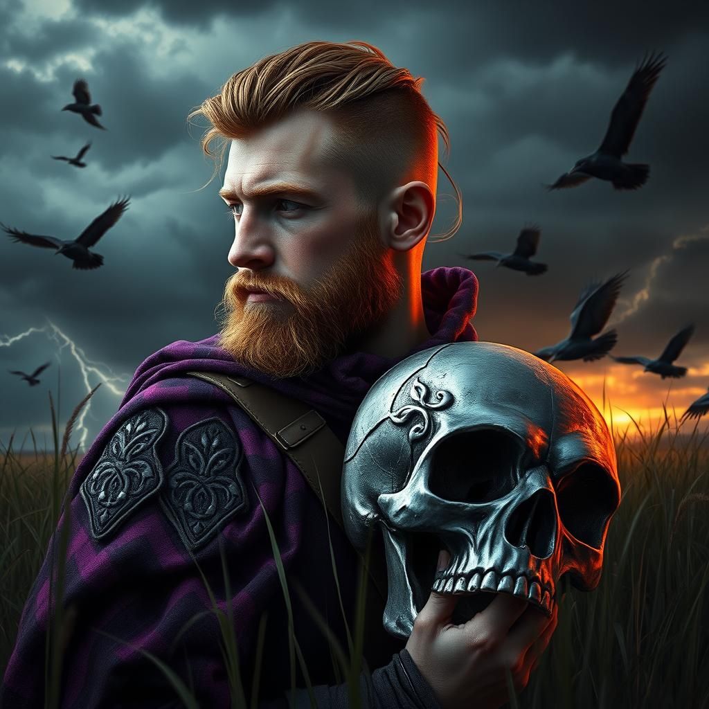 Celtic Soldier Portrait with Silver Skull in Storm