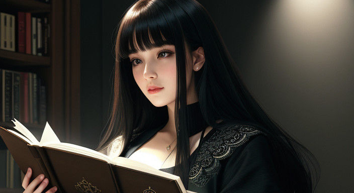 Woman in Film Noir Bookshelf Scene with Intricate Details