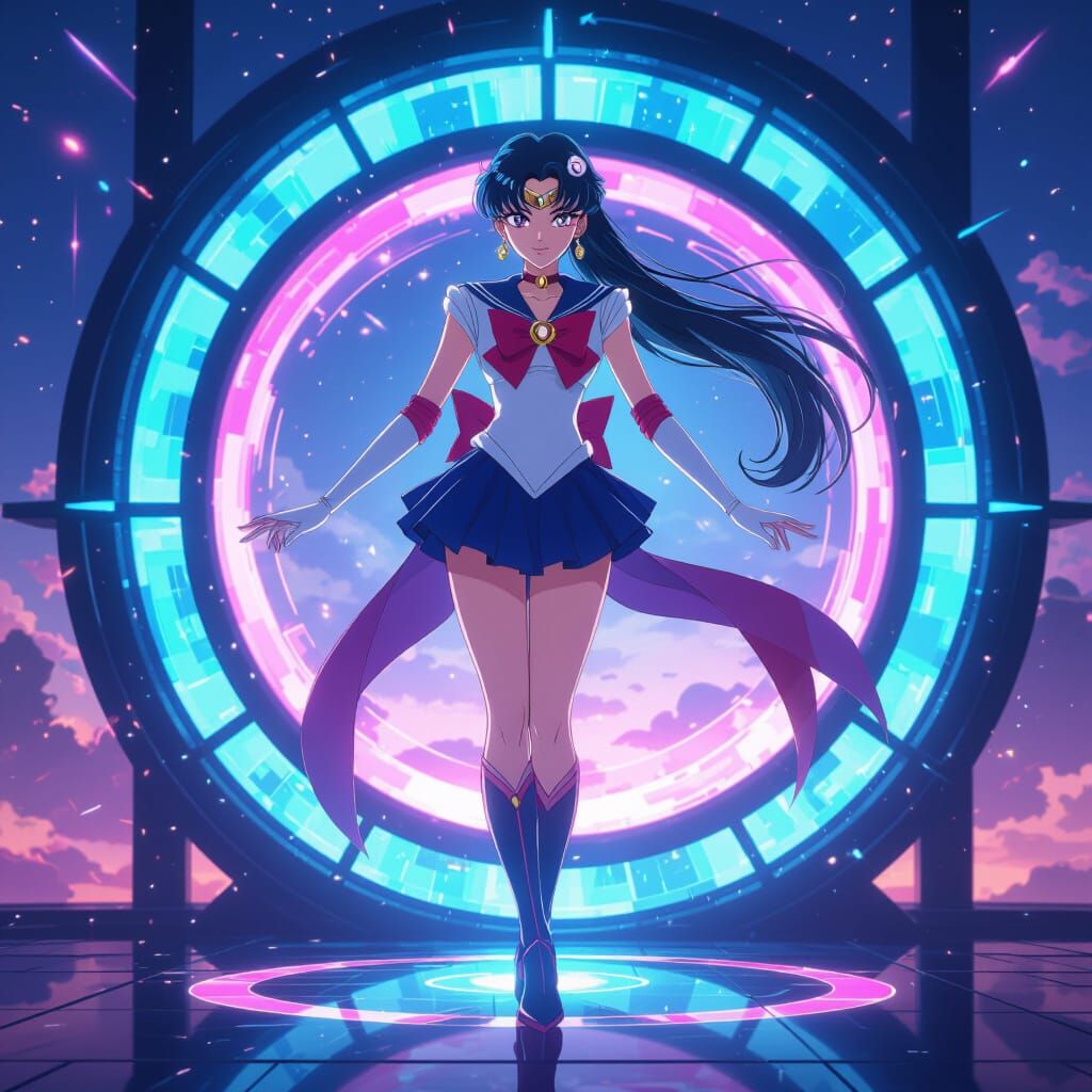 Sailor Pluto Guards Time Portal in Anime Style