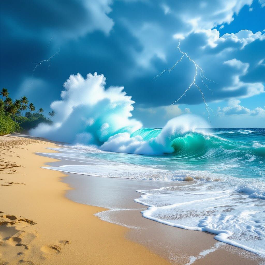 Colossal Tidal Wave on Tropical Beach